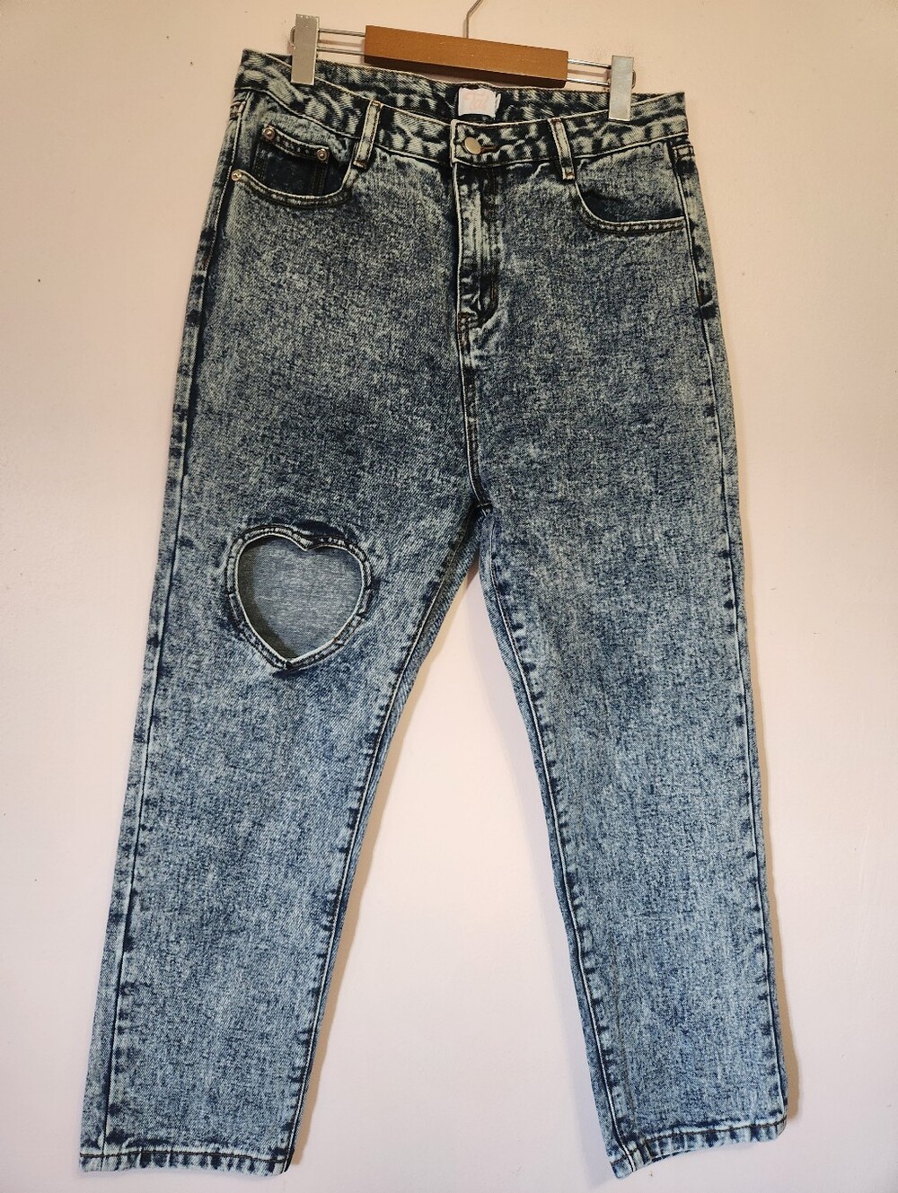 Tal Y2K Acid Wash Heart Cutout Straight Leg Jeans Size 32 EUC Grunge Streetwear